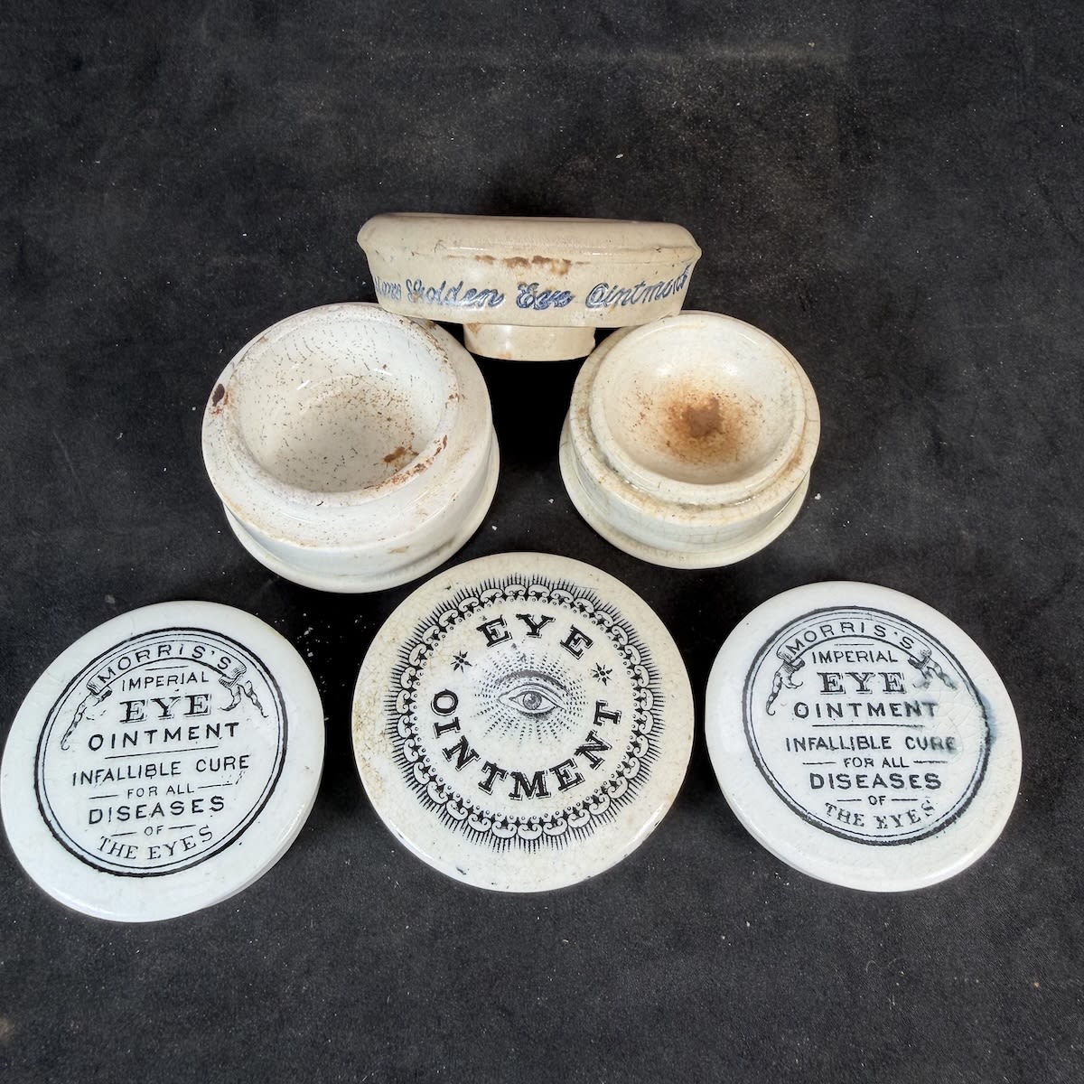 4 Eye Ointment Pots & Pot Lids: Singletons Golden Eye Ointment; Generic Eye Pictorial; 2 x Morris's Imperial Eye Ointment.
