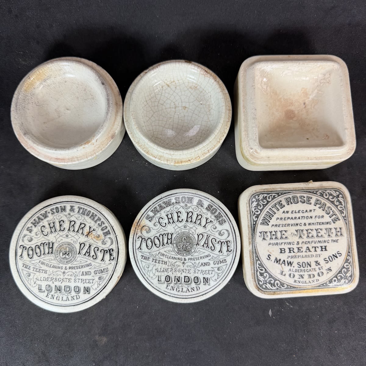 3 different S. Maw, Son & Thompson and S. Maw, Son & Sons pot lids. Cherry Tooth Paste. White Rose Paste.