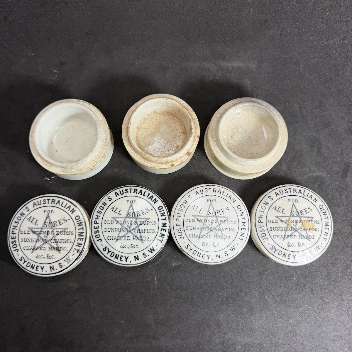4 Pot Lids. All: Josephson's Australian Ointment. Small. Grey Star. Sydney. (New South Wales)