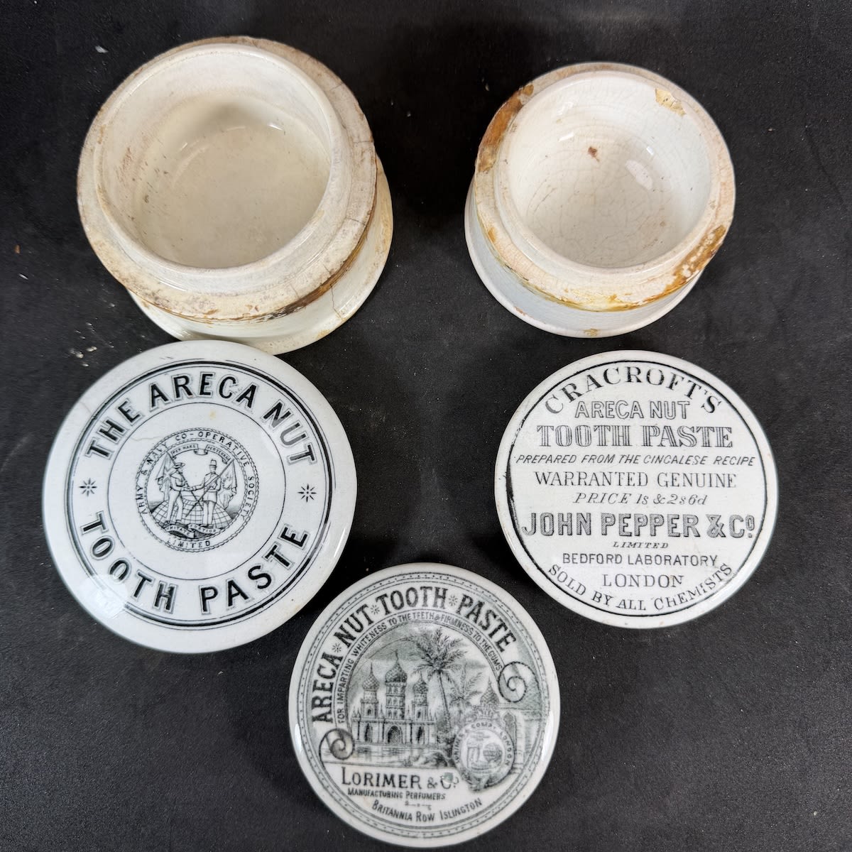 3 Pot Lids: Army & Navy Co-operative Society Ltd Areca Nut Tooth Paste; Carcroft's Tooth Paste John Pepper & Co, Sulpholine soap print inside; Lorimer & Co Islington.
