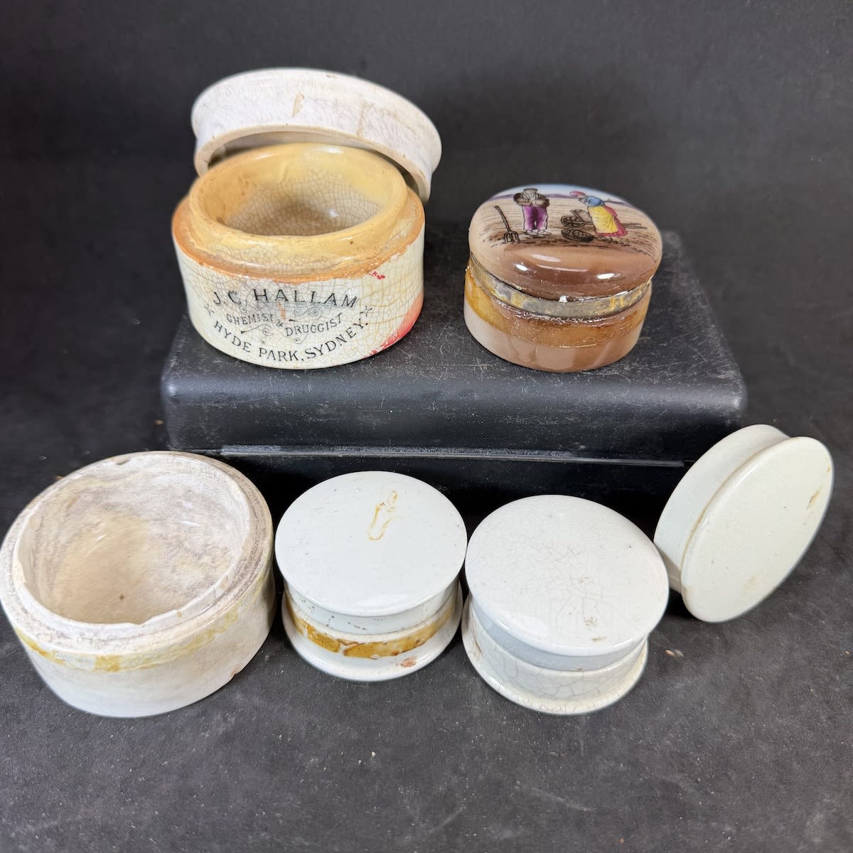 Pot lids and bases: Repaired J. C. Hallam Sydney base; Trinket box; small plain lids and bases.
