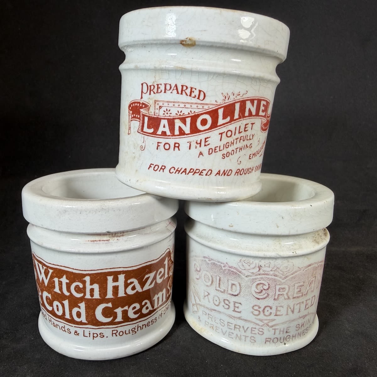 3 Cold Cream type Cosmetics Jars: Witch Hazel Cold Cream; Rose Scented Cold Cream; Prepared Lanoline.