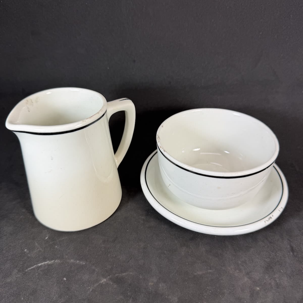 3 Pieces of Hotel ware: 1/4 Pint jug, mini plate and bowl. Black line around tops. MacDonald & Co Adelaide. Wood & Sons Ltd Burslem England.