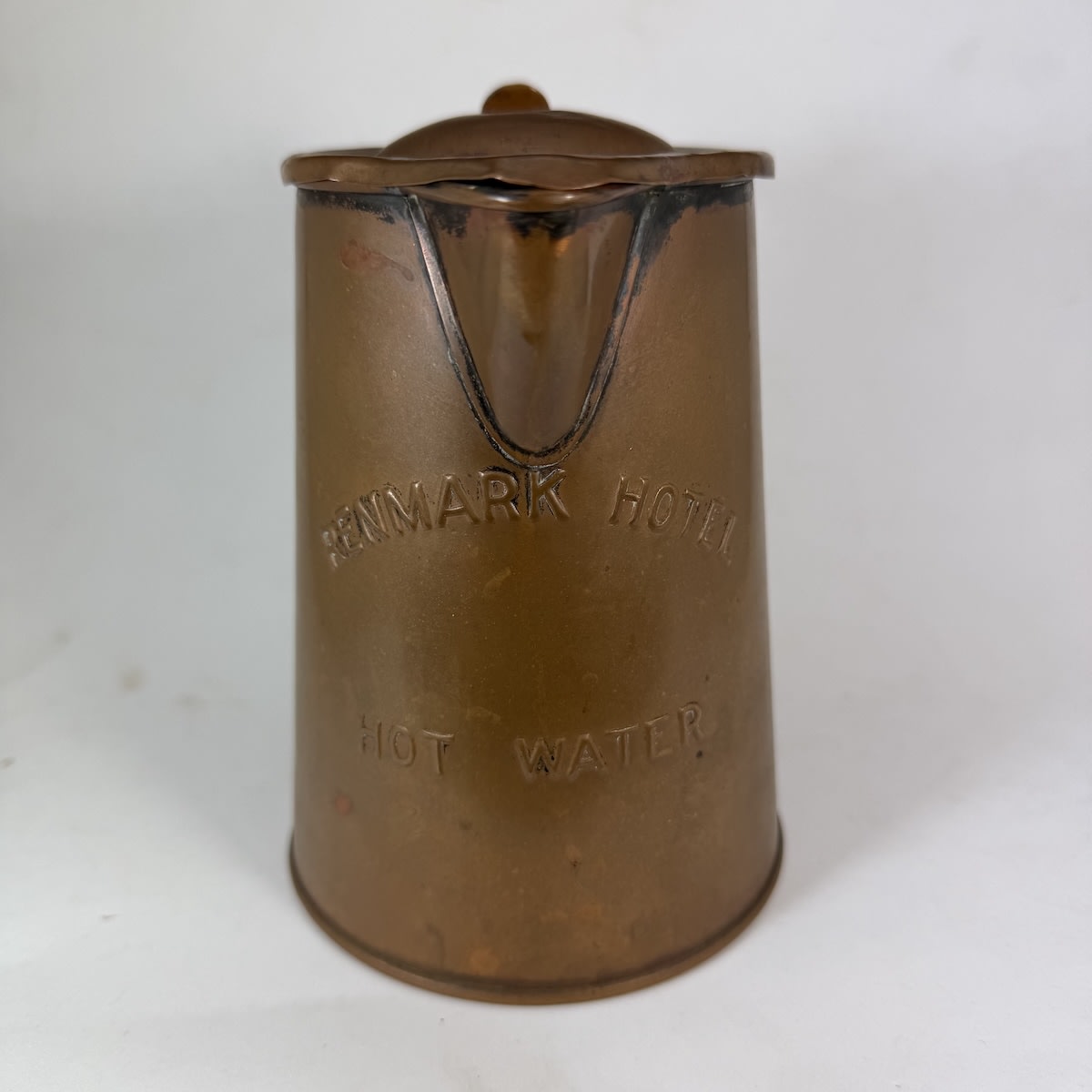 Copper plated galvanised jug. Embossed: Renmark Hotel, Hot Water. (South Australia)