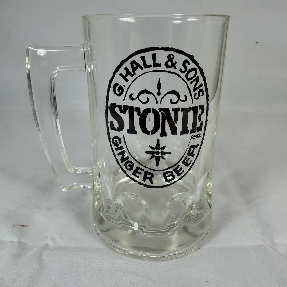Handled Glass or Mug.Black Ceramic label print advertising G. Hall & Sons Stonie Ginger Beer. (South Australia)