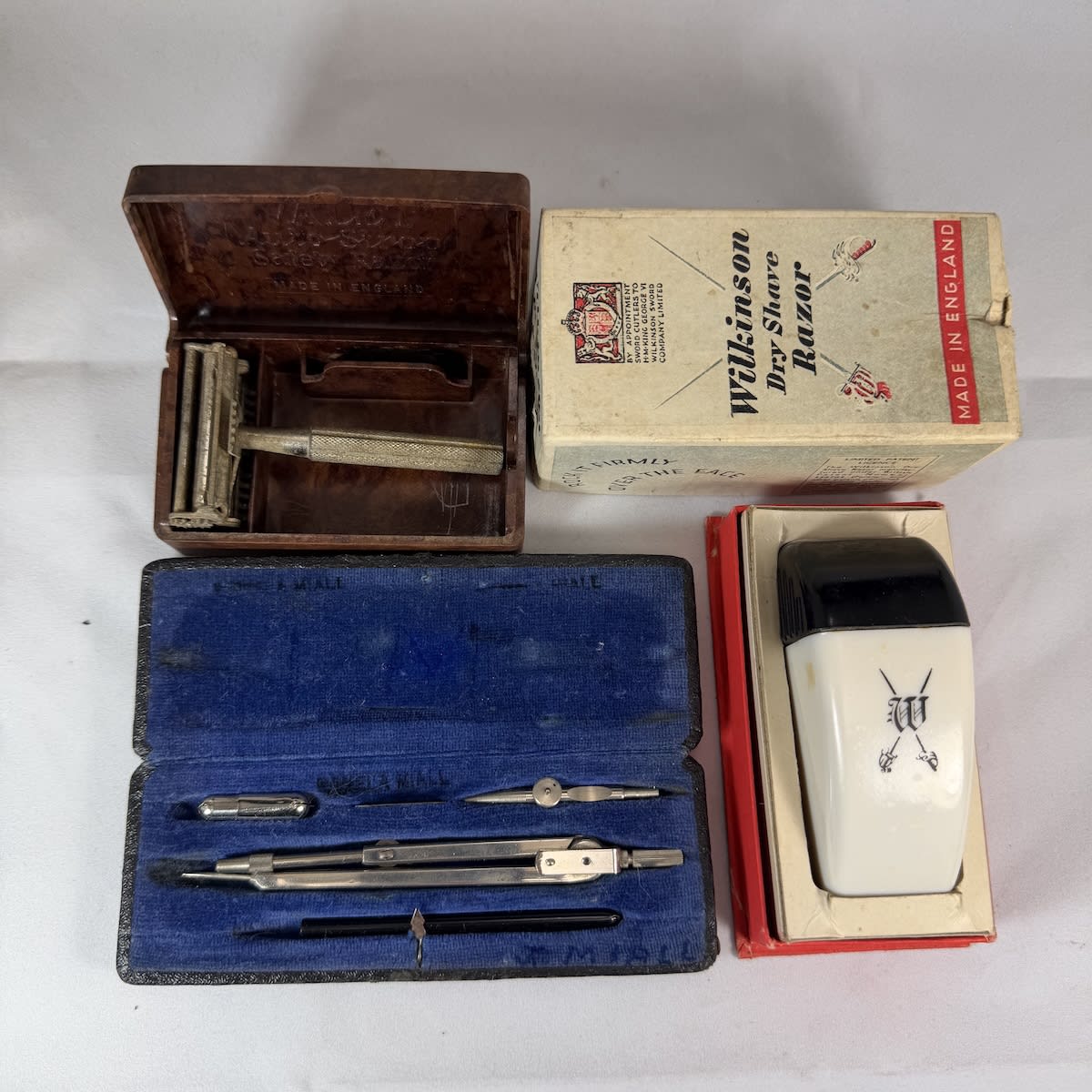 3 Items in original cases: Becon No 198 compass with all attachments; Valet Safety Razor; Wilkinson Dry Shave Razor.