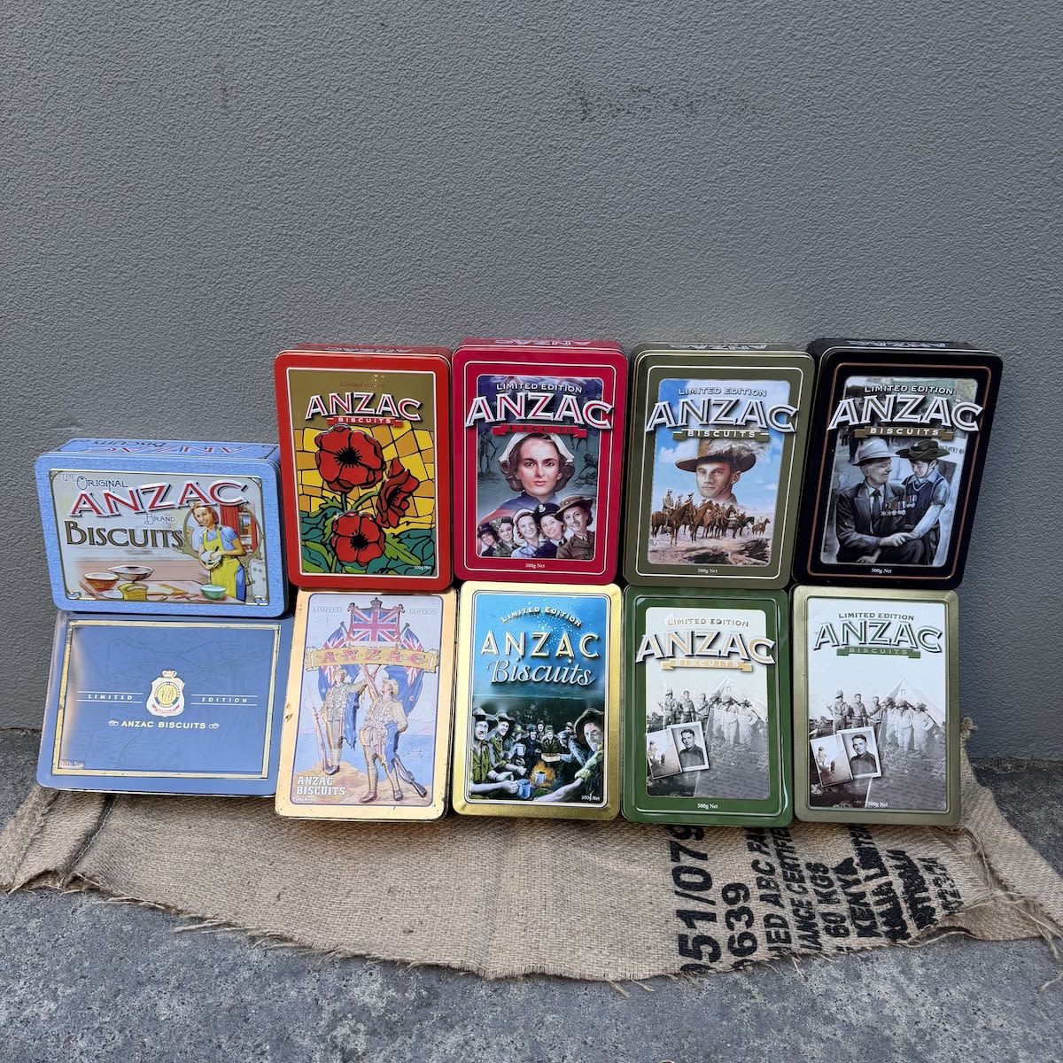 10 ANZAC Biscuit Tins. Unibic. Limited Edition Commemorative Tins. Numbers 1 - 10 in the series. 600 gm (first one) and 500 gm the rest.