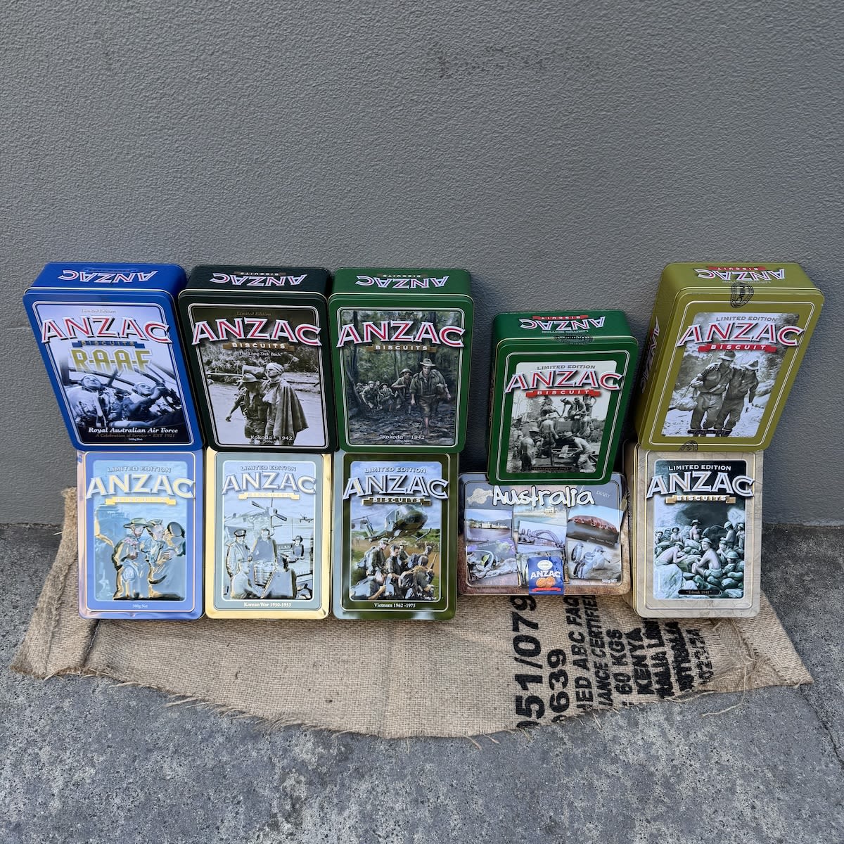 10 ANZAC Biscuit Tins. Unibic. Limited Edition Commemorative Tins. Numbers 11 - 20 in the series. 500 gm.
