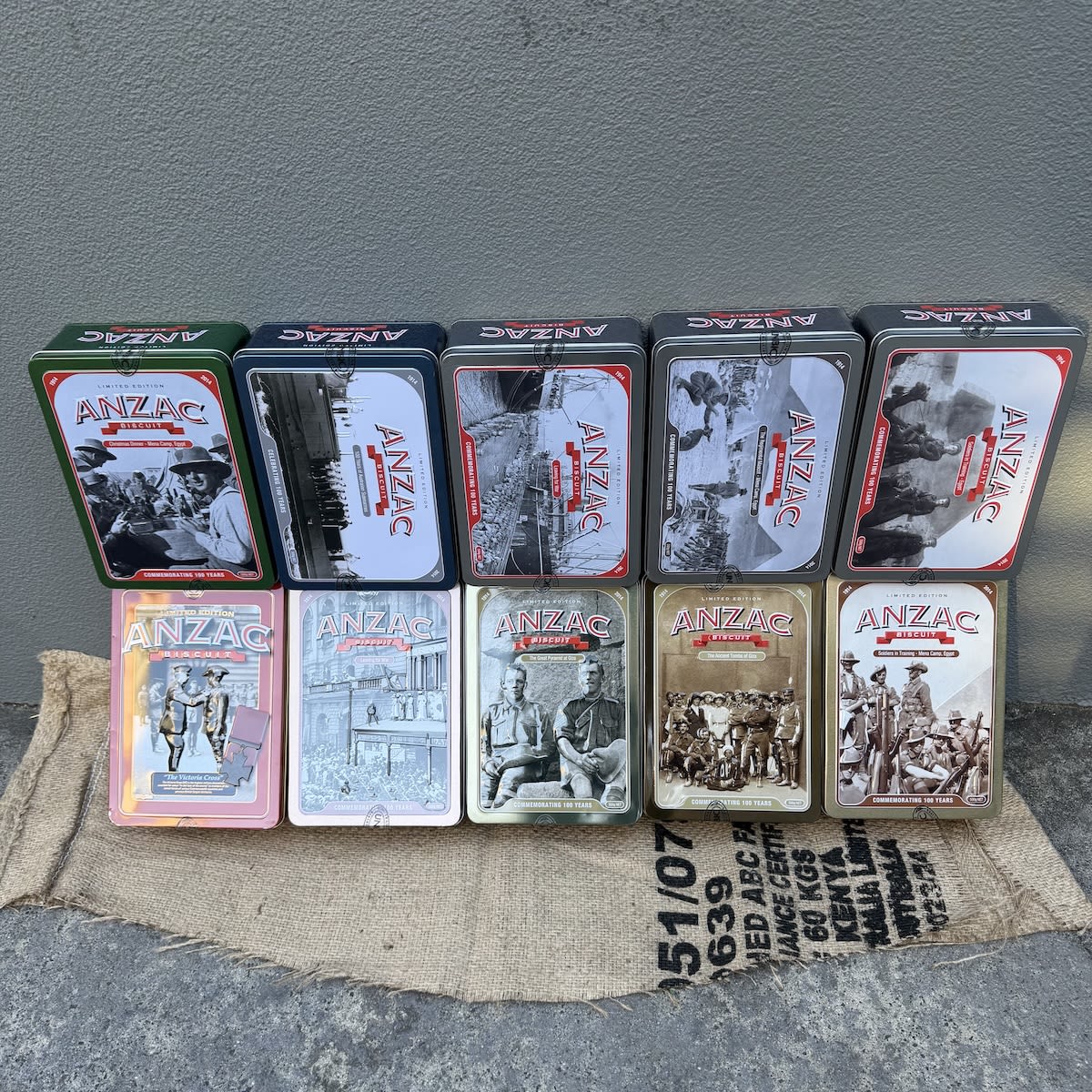10 ANZAC Biscuit Tins. Unibic. Limited Edition Commemorative Tins. Numbers 21 - 30 in the series. 500 gm.