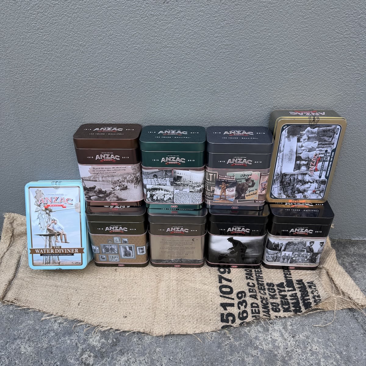 9 ANZAC Biscuit Tins. Unibic. Limited Edition Commemorative Tins. Numbers 31 - 39 in the series. 500 gm.