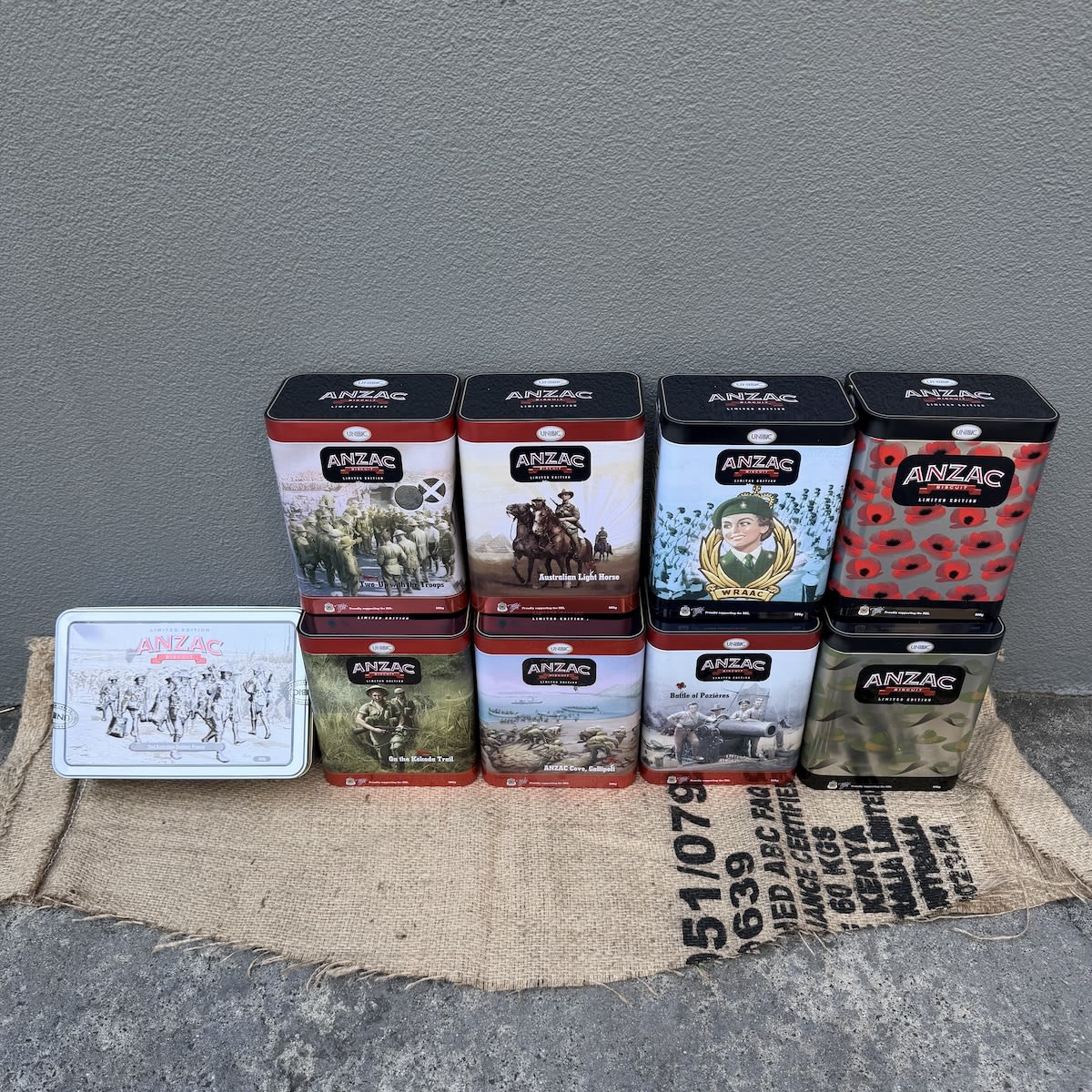 9 ANZAC Biscuit Tins. Unibic. Limited Edition Commemorative Tins. Numbers 41 - 49 in the series. 500 gm.