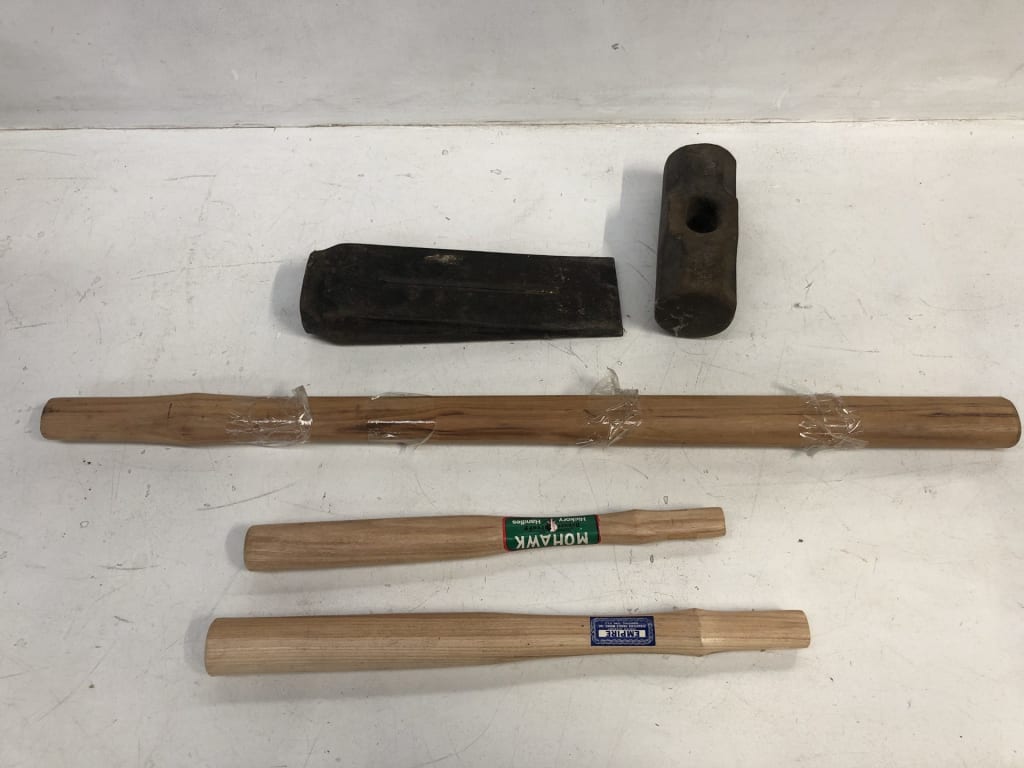 3 TOOL HANDLES - SLEDGEHAMMER HEAD - LOG WEDGE — NZ auction result