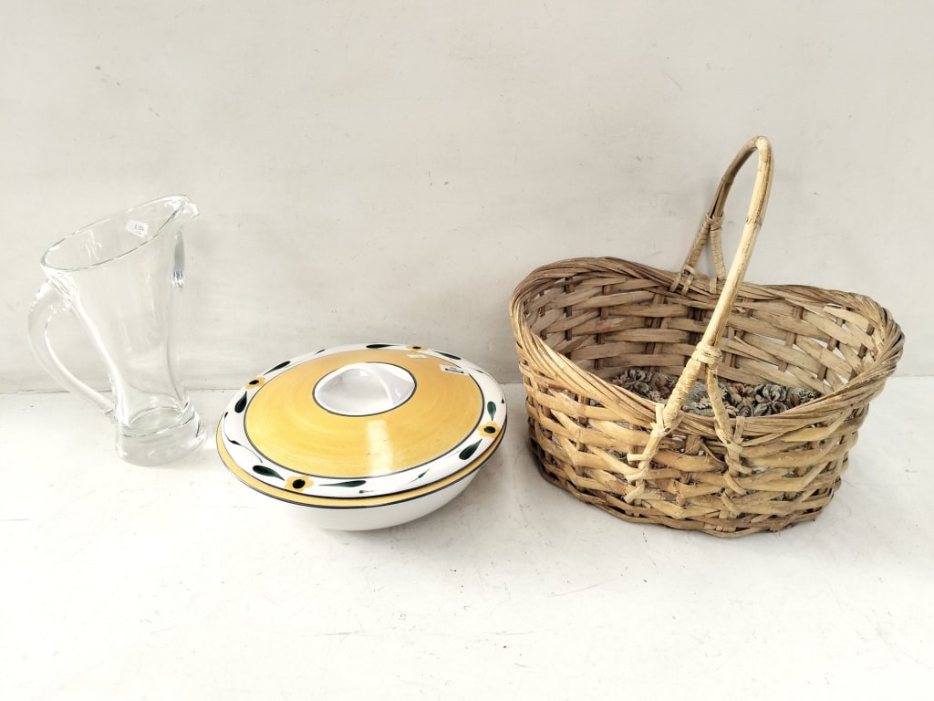 CERAMIC LIDDED DISH + WOVEN BASKET AND GLASS PITCHER — NZ auction result