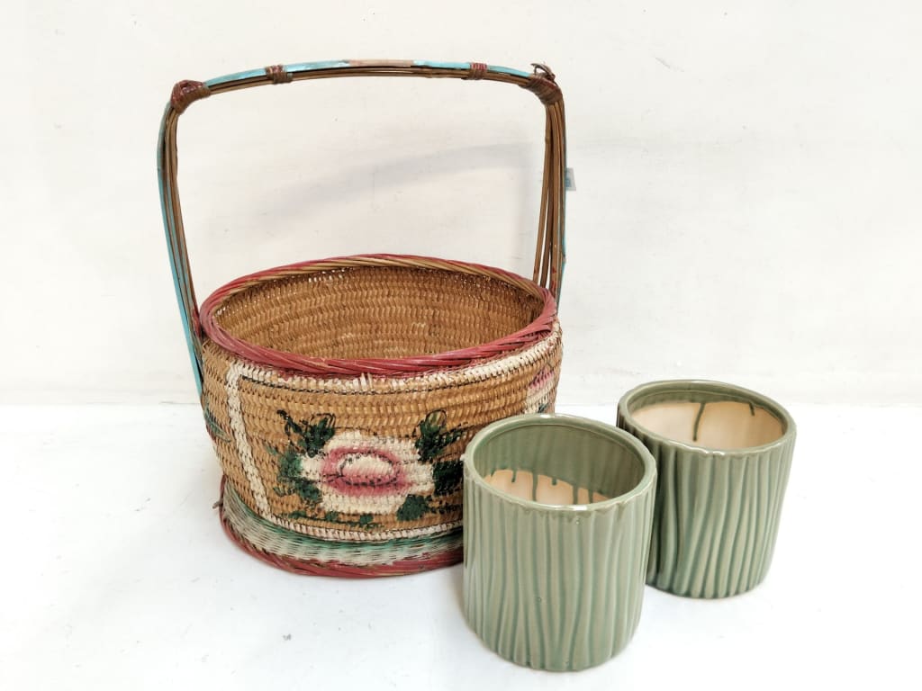 WOVEN BASKET AND 2 PLANTERS — NZ auction result