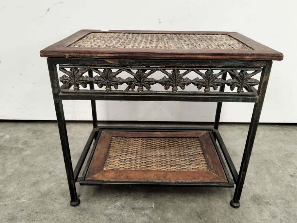 METAL WOODEN AND WOVEN TOP OCC TABLE — NZ auction result