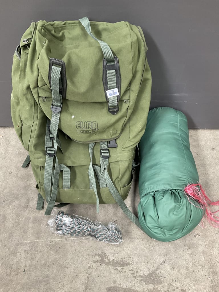 EURO TREK KESTREL 50L CANVAS HIKING PACK - SLEEPING BAG - ROPE — NZ auction result