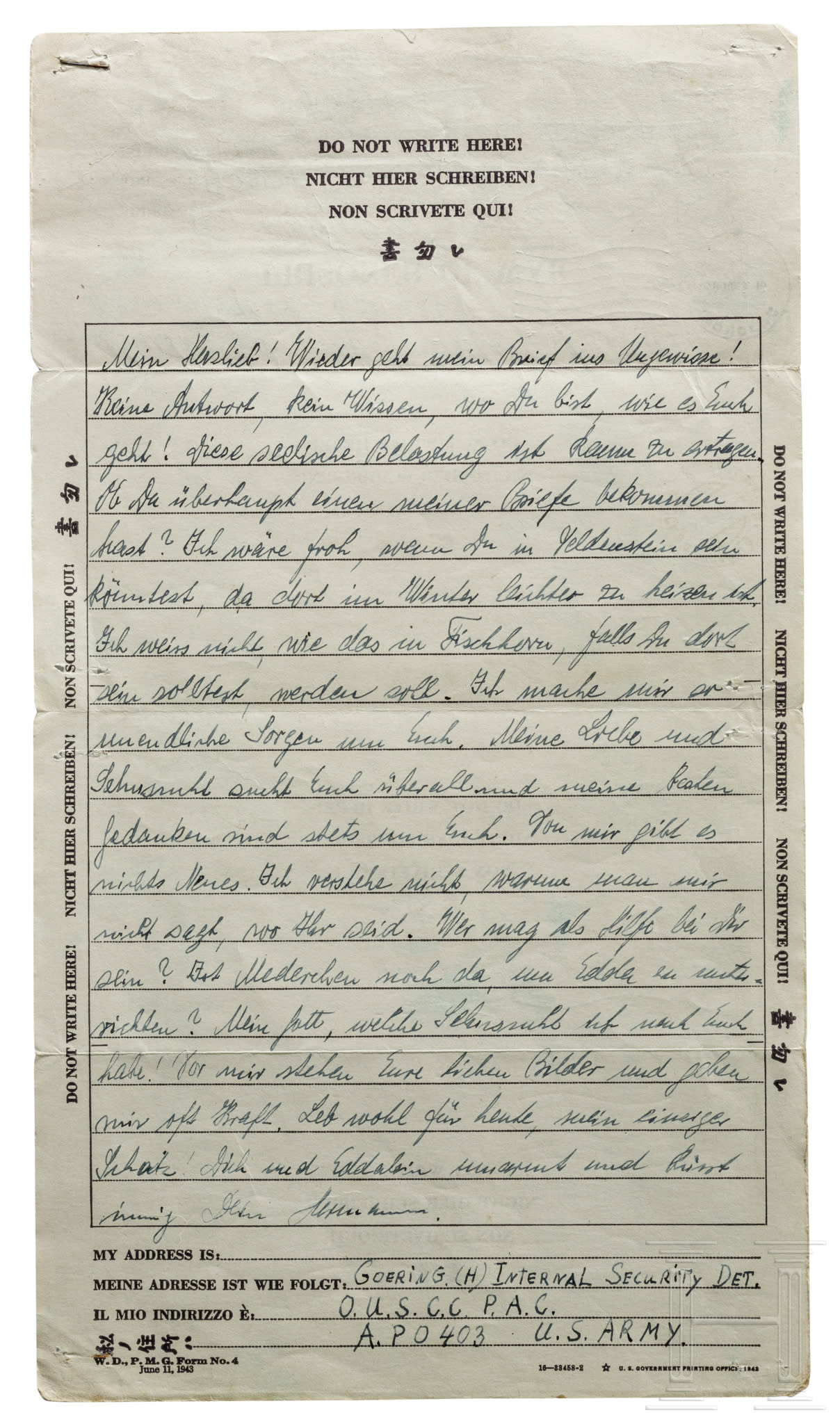 Hermann Göring a handwritten letter from Nuremberg to his wife Emmy