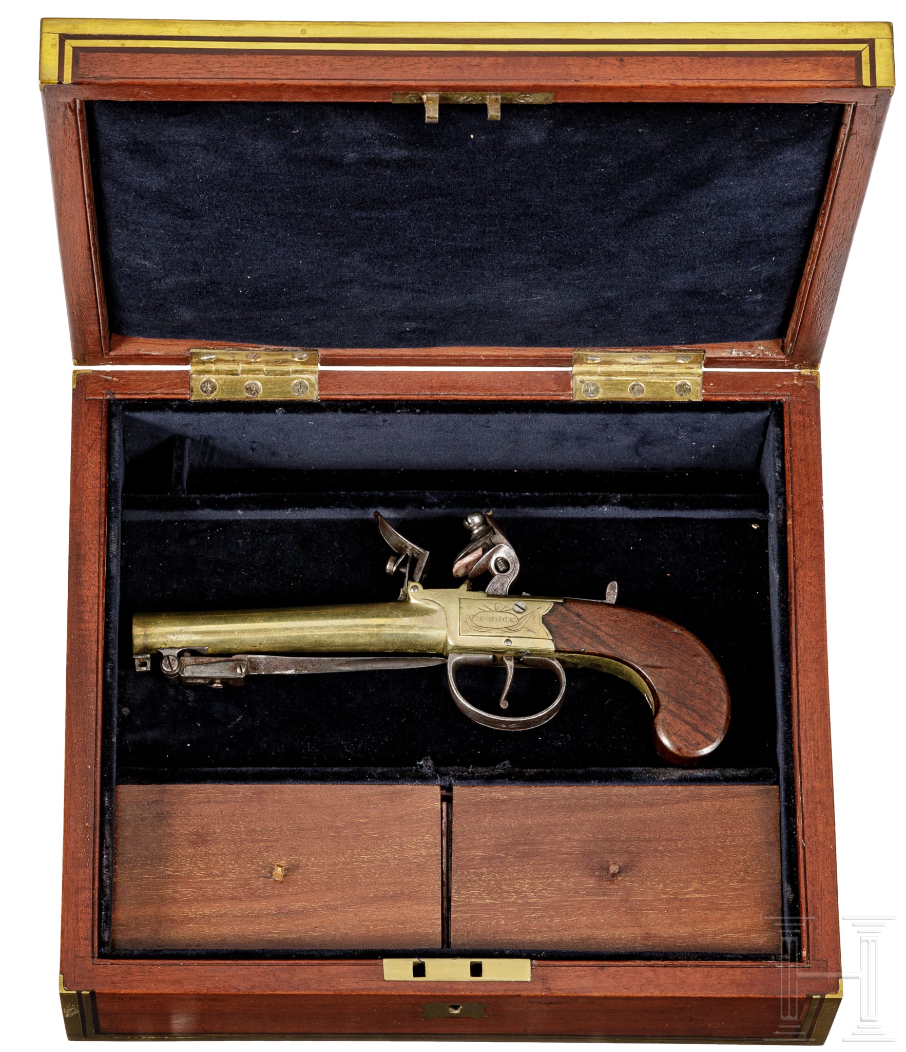 An English cased boxlock pistol with spring-loaded bayonet, circa 1800 ...