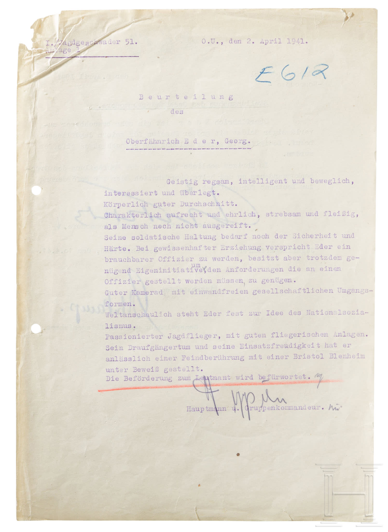 Autograph Werner Mölders, HermannFriedrich Joppien und Theodor